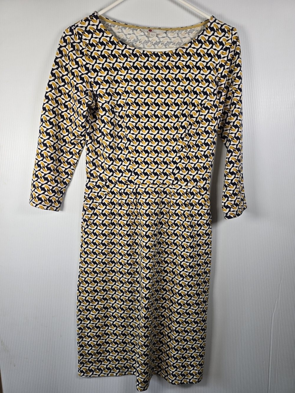 NWOT Boden Penny Cotton Dress Pockets I Navy Yellow White Geo Bird Pattern SZ 12